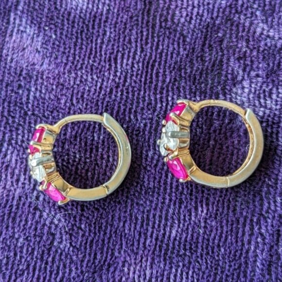 Vintage 9K Gold Plated Huggies Earrings With Deep Pink Ruby Stones - Picture 4 of 10